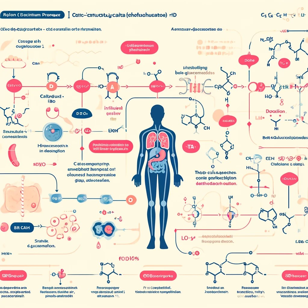 An educational infographic explaining the biochemical process of Calcium D-Glucarate in the human body, showing its role in inhibiting beta-glucuronidase and facilitating detoxification, with pathways, enzyme interactions, and molecular structures highlighted.