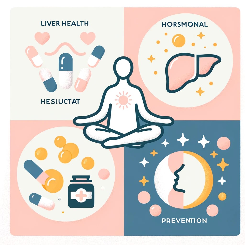 A collage of minimalistic illustrations depicting the health benefits of Calcium D-Glucarate, including liver health, hormonal balance, and cancer prevention, using simple icons and a soothing color palette.