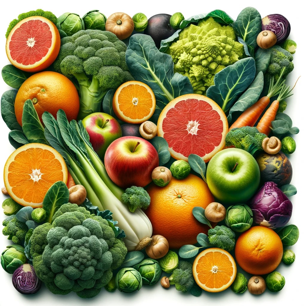 A vibrant photo montage of natural sources of glucaric acid including oranges, apples, broccoli, and Brussels sprouts, highlighting the freshness and nutritional value of these fruits and vegetables.