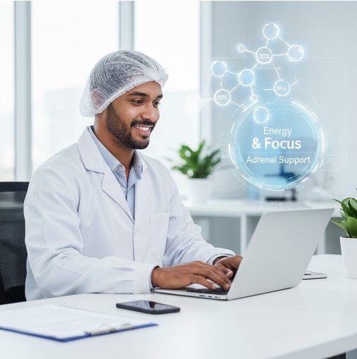 Energetic professional using Pantethine as an adrenal support supplement to combat chronic fatigue and stress.