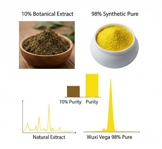 Visual comparison between Wuxi Vega 98% pure Oroxylin A and standard 10% botanical extract.