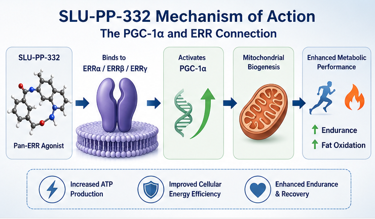 Infographic showing SLU-PP-332 mechanism of action via pan-ERR agonist activation and mitochondrial biogenesis.