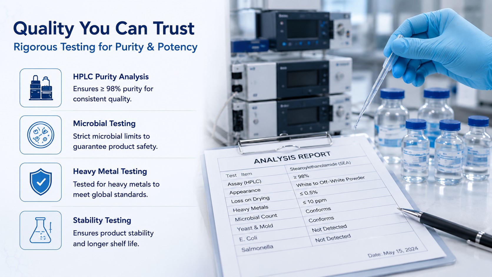 HPLC testing and quality control of Stearoylethanolamide SEA powder