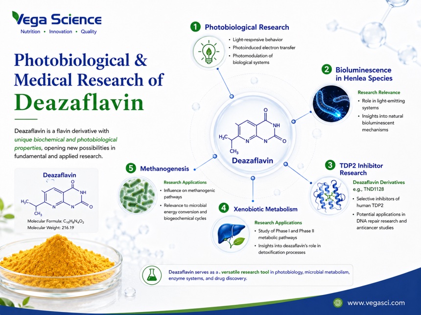 Deazaflavin photobiology and research application infographic