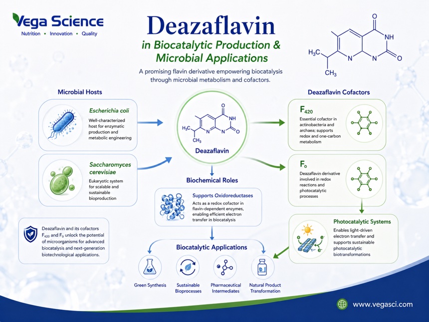 Deazaflavin biocatalytic and microbial application infographic