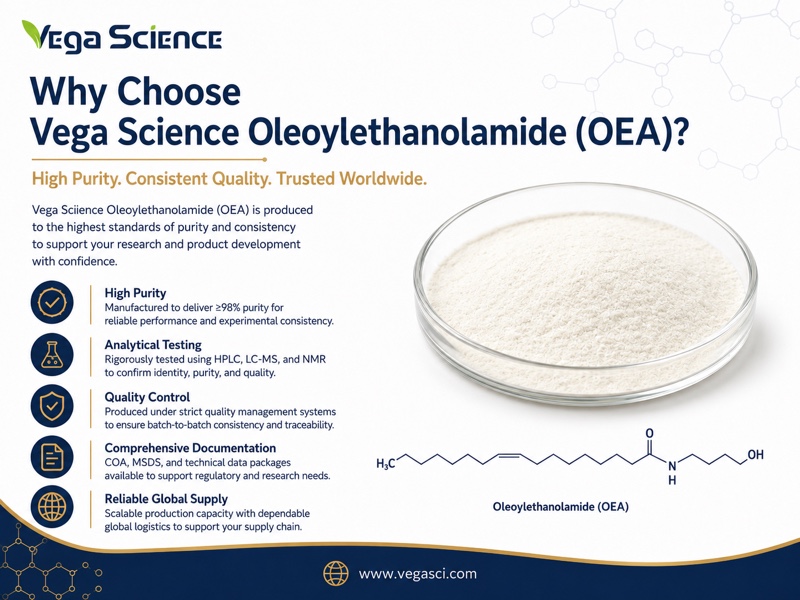 Oleoylethanolamide (OEA) supplier quality, testing, documentation and supply support infographic
