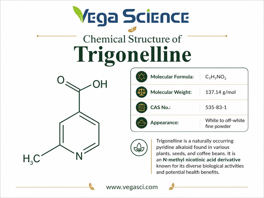 Trigonelline chemical structure illustration with molecular formula CAS number and appearance