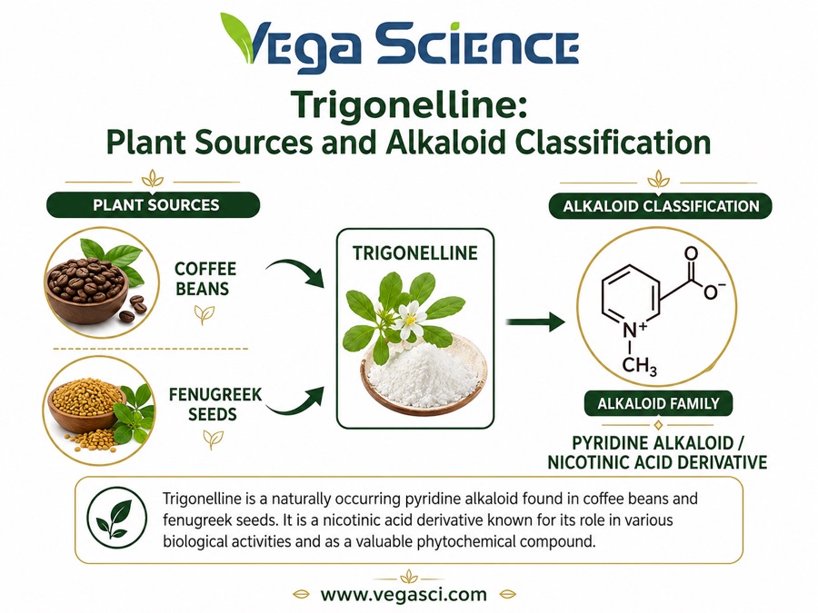 Trigonelline plant source infographic showing coffee beans fenugreek seeds and alkaloid classification