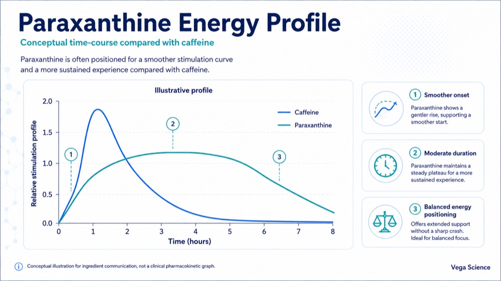 Paraxanthine energy profile showing balanced stimulation and sustained focus