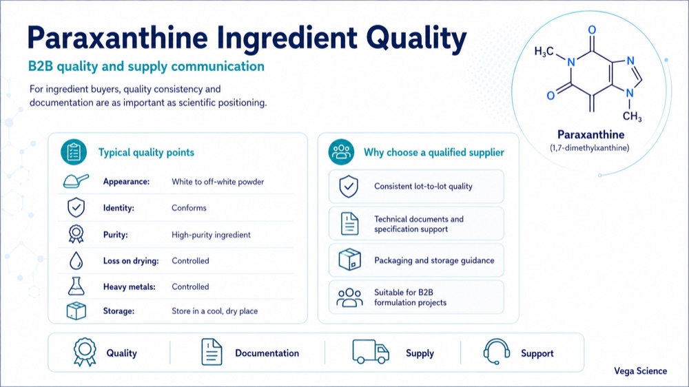 Paraxanthine ingredient quality points for bulk supply and documentation support
