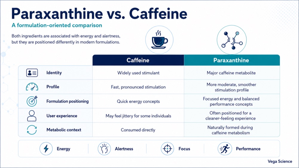 Paraxanthine vs caffeine comparison for energy focus and performance formulations